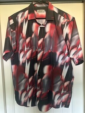 Men's Short Sleeve Button-Down Shirt - Red, Black & White Abstract Print